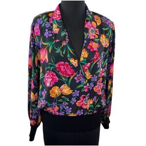 Vintage Castleberry Multi Vibrant Floral Wrap Front Blouse Jacket Knit USA 12